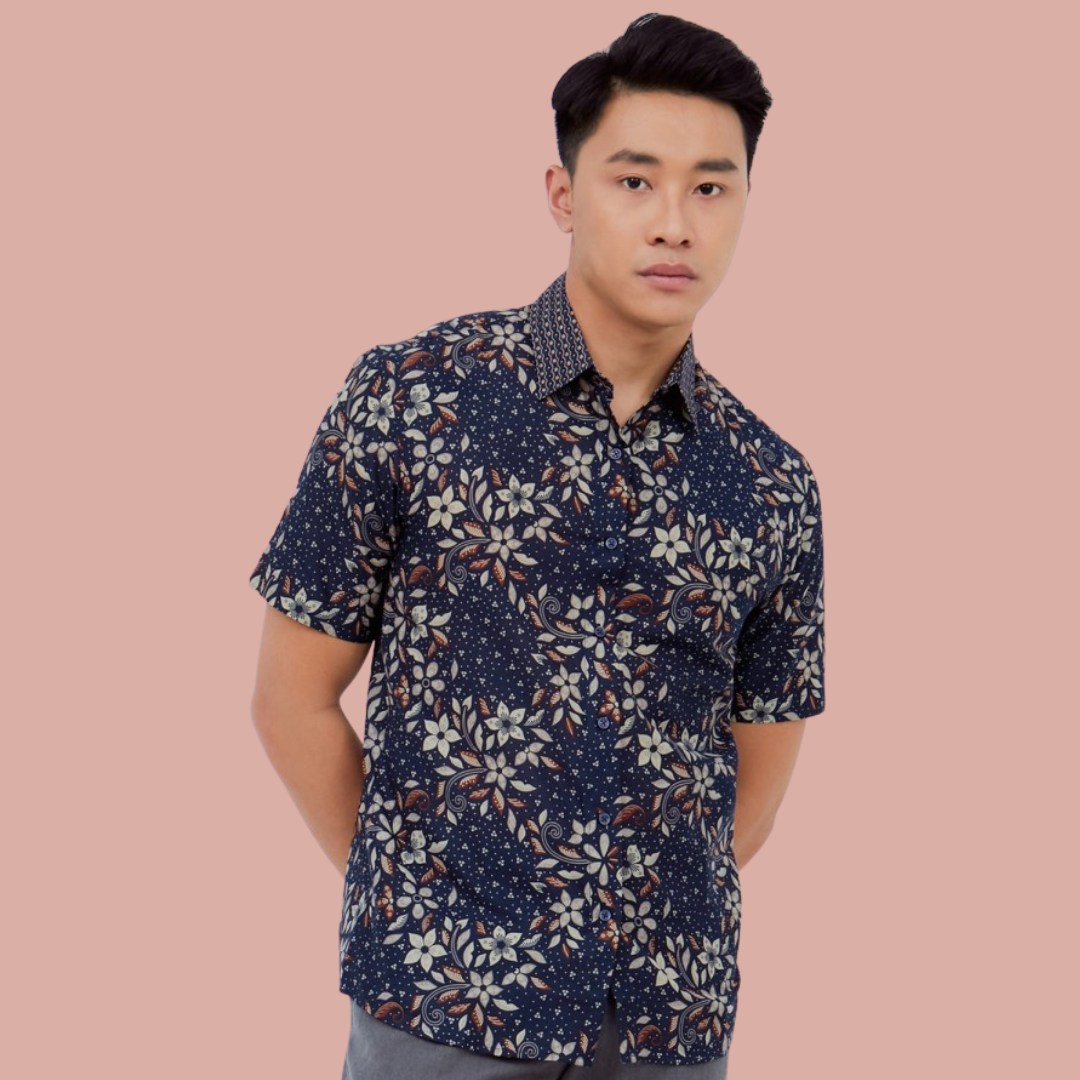Baju Batik Lengan Pendek Corak Bunga Slim-fit untuk Lelaki