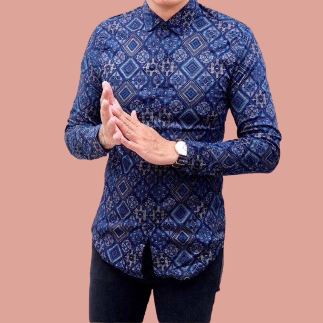 charme Begraafplaats negatief Heren Blauw Lange Mouw Slim-Fit Diamond Batik Overhemd | Batik Shirt