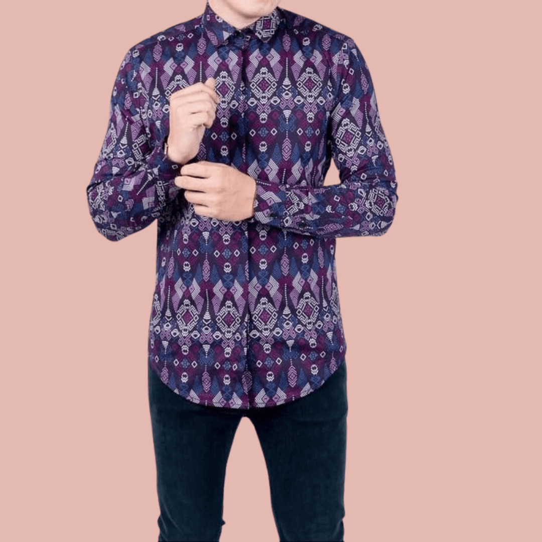Baju Batik Songket Ungu Long Slimfit Lengan Panjang 