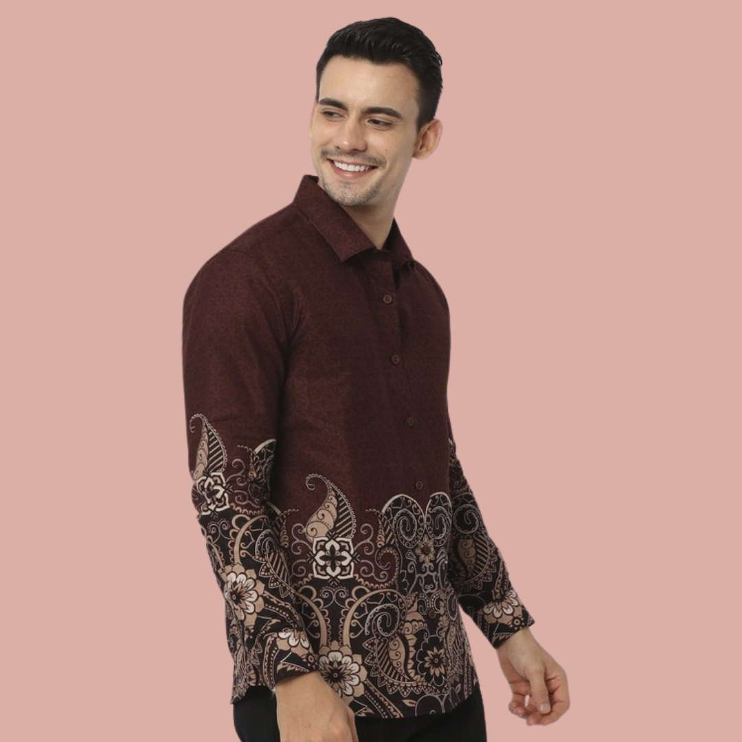 Baju Batik Corak Coklat Lengan Panjang Untuk Lelaki 